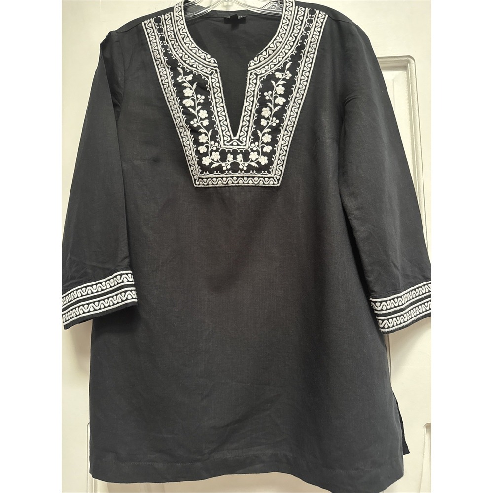 Talbots Black Size‎ M Embroidered Linen Cotton Blend Tunic V Neck